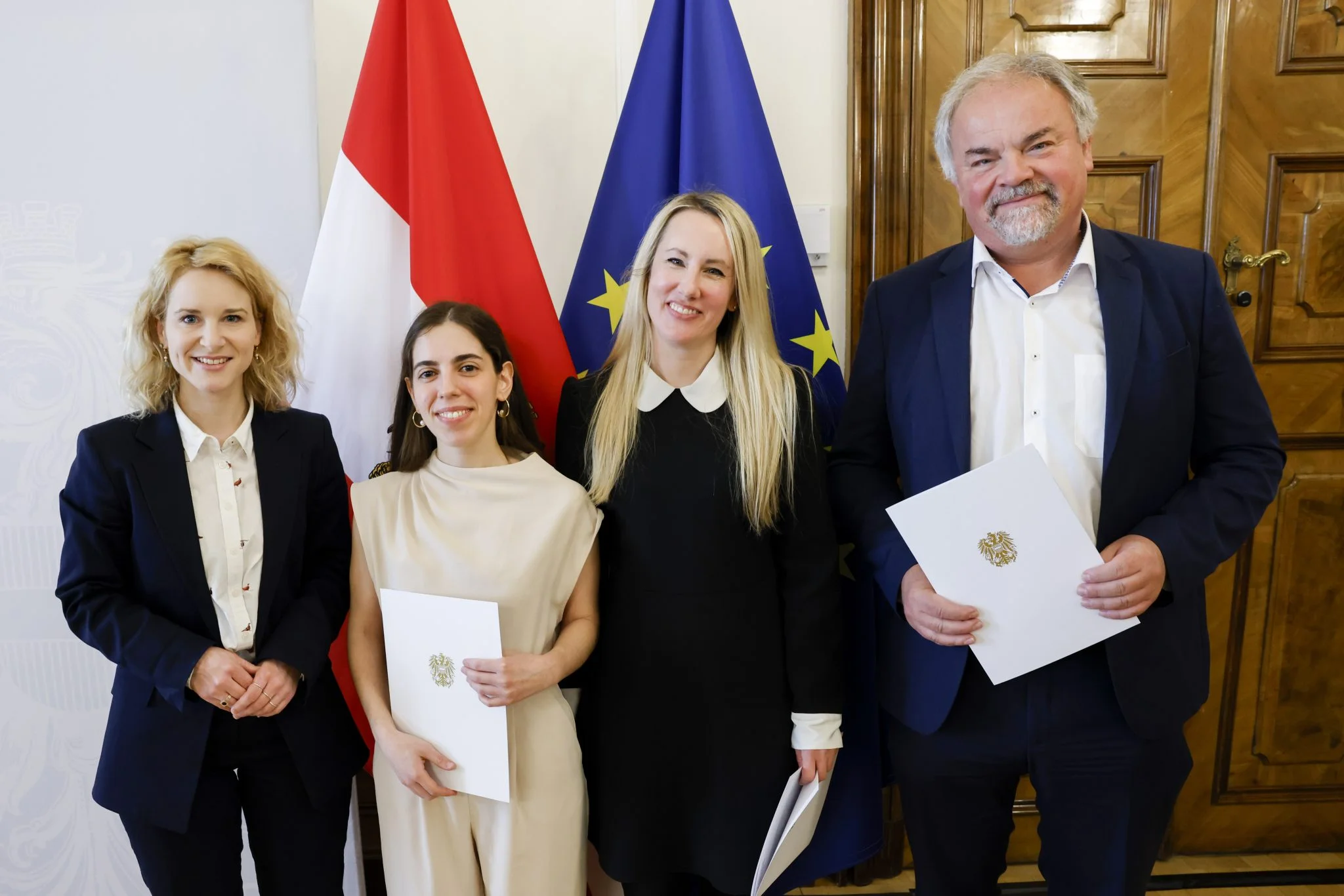 Federal Minister Eva-Maria Holzleitner, Catarina Martins-Costa, Nina Corsini and Jürgen Knoblich (Picture BMFWF/Regina Aigner)